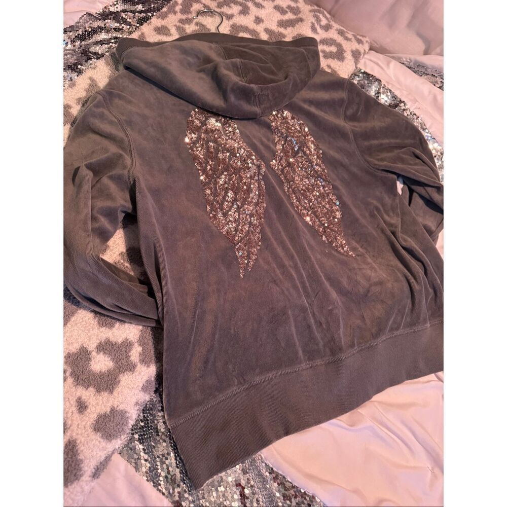 Victoria’s Secret Women’s Y2K Sequin Angel Wings Zip Up Hoodie Gray Velour Xl